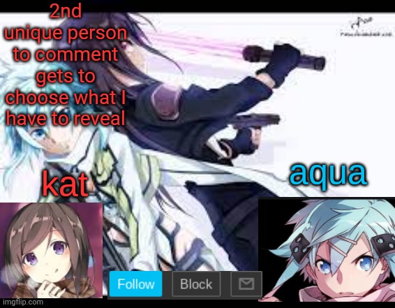 fem kirito | 2nd unique person to comment gets to choose what I have to reveal | image tagged in fem kirito | made w/ Imgflip meme maker