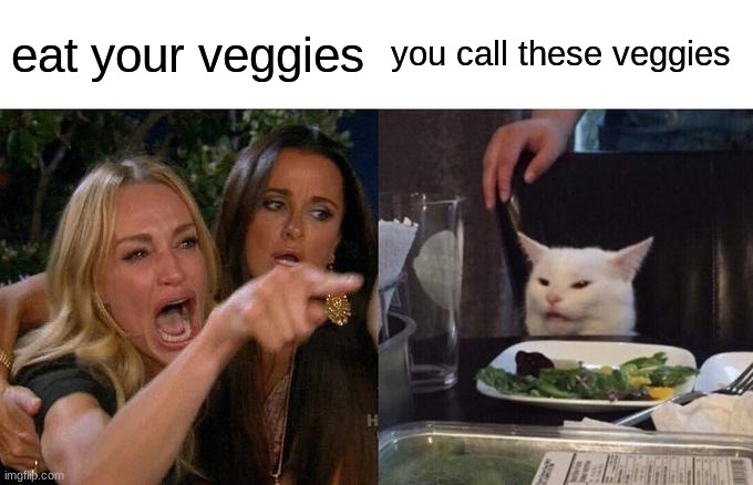 meme | eat your veggies; you call these veggies | image tagged in memes,woman yelling at cat | made w/ Imgflip meme maker