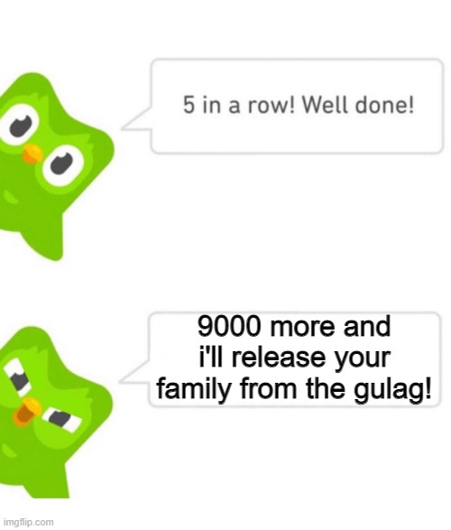 Duolingo 5 in a row | 9000 more and i'll release your family from the gulag! | image tagged in duolingo 5 in a row | made w/ Imgflip meme maker