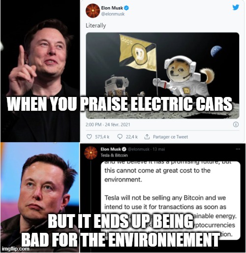 Naughty Elon ... | WHEN YOU PRAISE ELECTRIC CARS; BUT IT ENDS UP BEING BAD FOR THE ENVIRONNEMENT | image tagged in elon musk,spacex,dogecoin,tesla,bitcoin,cryptocurrency | made w/ Imgflip meme maker
