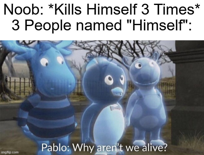 *Internal Bruh* | Noob: *Kills Himself 3 Times*
3 People named "Himself": | image tagged in pablo why aren't we alive | made w/ Imgflip meme maker