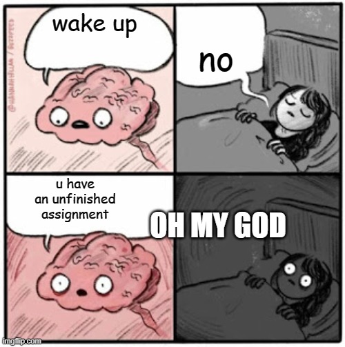 11:59 on Sunday | no; wake up; u have an unfinished assignment; OH MY GOD | image tagged in brain before sleep | made w/ Imgflip meme maker