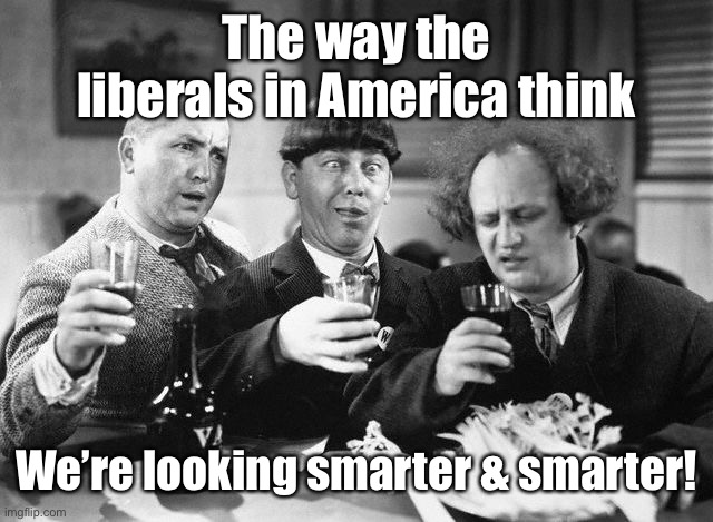 3 stooges drink | The way the liberals in America think We’re looking smarter & smarter! | image tagged in 3 stooges drink | made w/ Imgflip meme maker