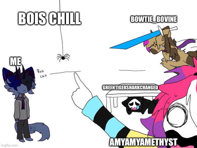 Art I made a while ago of the people who I wish would notice me. (And make fanart of me but they never will coz there too awesom | BOIS CHILL; BOWTIE_BOVINE; ME; GREENTIGERSHARKCHANGED; AMYAMYAMETHYST | image tagged in furry,fanart | made w/ Imgflip meme maker