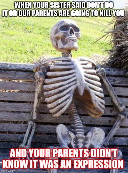 Waiting Skeleton | WHEN YOUR SISTER SAID DON’T DO IT OR OUR PARENTS ARE GOING TO KILL YOU; AND YOUR PARENTS DIDN’T KNOW IT WAS AN EXPRESSION | image tagged in memes,waiting skeleton | made w/ Imgflip meme maker