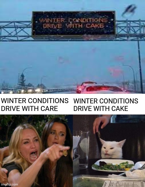Hmmmm, Winter conditions drive with cake | WINTER CONDITIONS DRIVE WITH CARE; WINTER CONDITIONS DRIVE WITH CAKE | image tagged in memes,woman yelling at cat,you had one job,meme,fails,signs | made w/ Imgflip meme maker