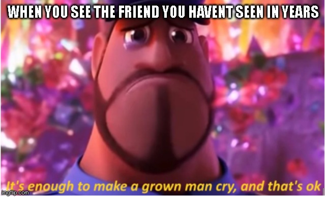 It's enough to make a grown man cry and that's ok | WHEN YOU SEE THE FRIEND YOU HAVENT SEEN IN YEARS | image tagged in it's enough to make a grown man cry and that's ok | made w/ Imgflip meme maker