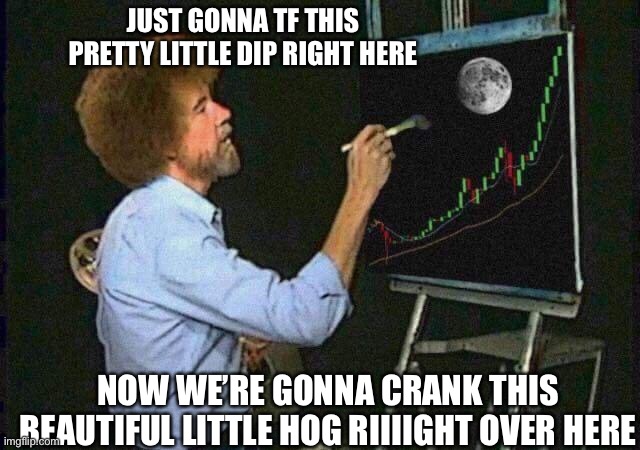 bob ross bitcoin dip | JUST GONNA TF THIS PRETTY LITTLE DIP RIGHT HERE; NOW WE’RE GONNA CRANK THIS BEAUTIFUL LITTLE HOG RIIIIGHT OVER HERE | image tagged in bob ross bitcoin dip | made w/ Imgflip meme maker