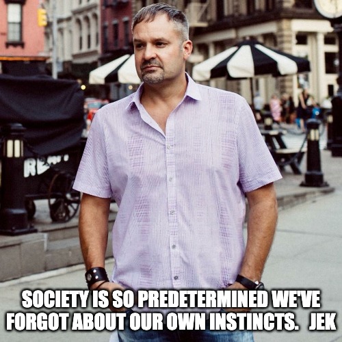 INSTINCTS - JEK |  SOCIETY IS SO PREDETERMINED WE'VE FORGOT ABOUT OUR OWN INSTINCTS.   JEK | image tagged in quotes | made w/ Imgflip meme maker