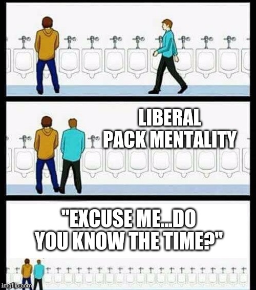 Typical | LIBERAL PACK MENTALITY; "EXCUSE ME...DO YOU KNOW THE TIME?" | image tagged in urinal guy more text room,liberals,libtard,mental health | made w/ Imgflip meme maker
