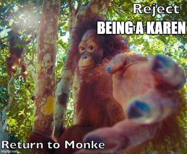 Return to monke | BEING A KAREN | image tagged in return to monke | made w/ Imgflip meme maker