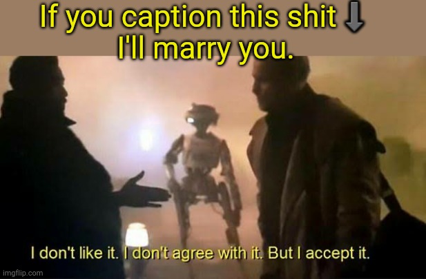 I don't like it. I don't agree with it. But I accept it. | If you caption this shit⬇️
I'll marry you. | image tagged in i don't like it i don't agree with it but i accept it | made w/ Imgflip meme maker