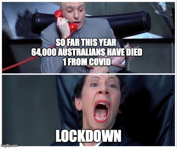 1 death out of 64 000 from covid…LOCKDOWN! |  SO FAR THIS YEAR 
64,000 AUSTRALIANS HAVE DIED
1 FROM COVID; LOCKDOWN | image tagged in dr evil and frau yelling,lockdown,scamdemic,fascism,great reset | made w/ Imgflip meme maker