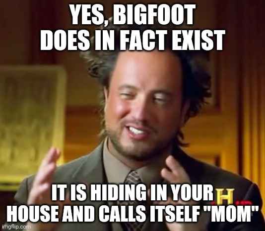 Ancient Aliens Meme | YES, BIGFOOT DOES IN FACT EXIST; IT IS HIDING IN YOUR HOUSE AND CALLS ITSELF "MOM" | image tagged in memes,ancient aliens | made w/ Imgflip meme maker