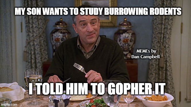 Meet the parents | MY SON WANTS TO STUDY BURROWING RODENTS; MEMEs by Dan Campbell; I TOLD HIM TO GOPHER IT | image tagged in meet the parents | made w/ Imgflip meme maker
