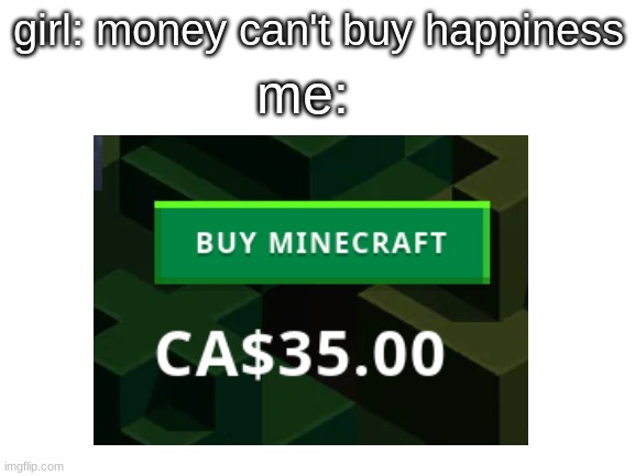 me:; girl: money can't buy happiness | image tagged in minecraft | made w/ Imgflip meme maker