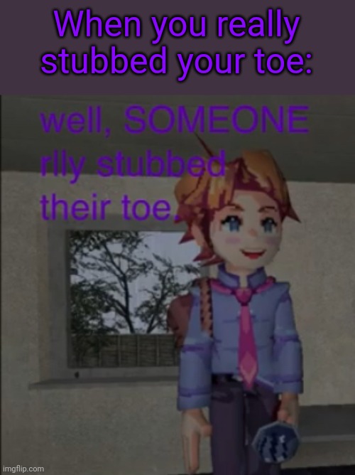 Well, someone really stubbed their toe | When you really stubbed your toe: | image tagged in well someone really stubbed their toe | made w/ Imgflip meme maker