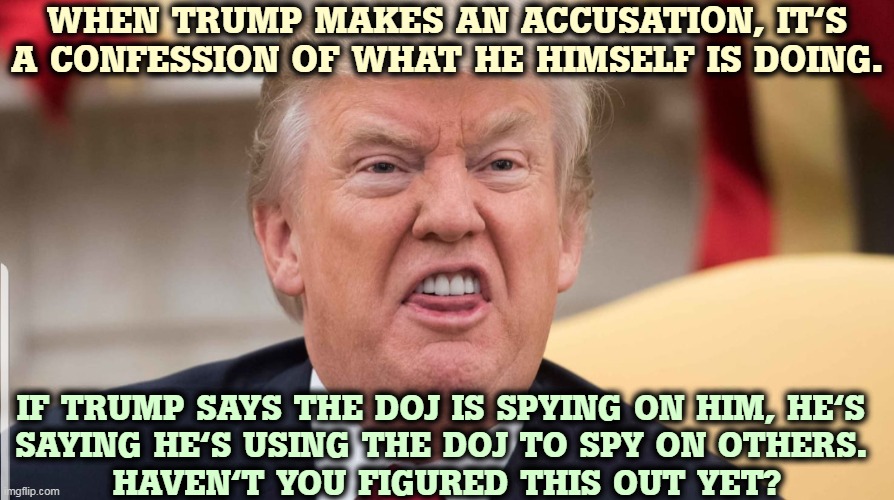 Trump thinks the law doesn't apply to him. He's got a big surprise coming. |  WHEN TRUMP MAKES AN ACCUSATION, IT'S A CONFESSION OF WHAT HE HIMSELF IS DOING. IF TRUMP SAYS THE DOJ IS SPYING ON HIM, HE'S 
SAYING HE'S USING THE DOJ TO SPY ON OTHERS. 
HAVEN'T YOU FIGURED THIS OUT YET? | image tagged in trump ugly,trump,spying,democrats,loser | made w/ Imgflip meme maker