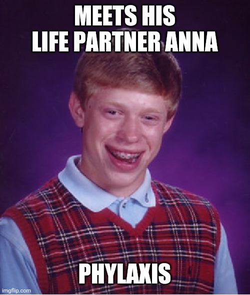 Bad Luck Brian Meme | MEETS HIS LIFE PARTNER ANNA; PHYLAXIS | image tagged in memes,bad luck brian | made w/ Imgflip meme maker