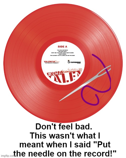 Don't feel bad.  This wasn't what I meant when I said "Put the needle on the record!" | made w/ Imgflip meme maker