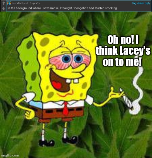 *wheezing hard* | Oh no! I think Lacey's on to me! | image tagged in weed | made w/ Imgflip meme maker