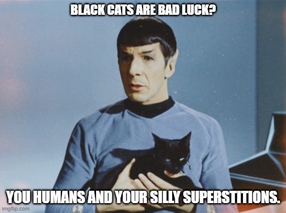 Spock and Isis | BLACK CATS ARE BAD LUCK? YOU HUMANS AND YOUR SILLY SUPERSTITIONS. | image tagged in cats,mr spock,black cat,star trek | made w/ Imgflip meme maker
