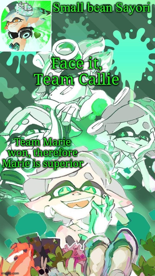 (jkjk they're both awesome) | Face it, Team Callie; Team Marie won, therefore Marie is superior | image tagged in sayori's marie temp thx yachi d | made w/ Imgflip meme maker