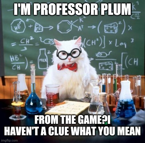 Chemistry Cat Meme | I'M PROFESSOR PLUM; FROM THE GAME?I HAVEN'T A CLUE WHAT YOU MEAN | image tagged in memes,chemistry cat | made w/ Imgflip meme maker