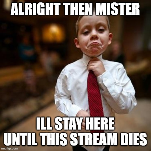 Alright Then Business Kid | ALRIGHT THEN MISTER ILL STAY HERE UNTIL THIS STREAM DIES | image tagged in alright then business kid | made w/ Imgflip meme maker