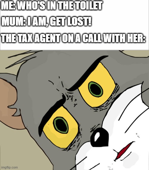ME: WHO'S IN THE TOILET; MUM: I AM, GET LOST! THE TAX AGENT ON A CALL WITH HER: | image tagged in memes,unsettled tom | made w/ Imgflip meme maker