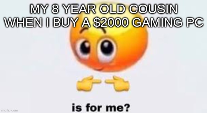 good freaking lord | MY 8 YEAR OLD COUSIN WHEN I BUY A $2000 GAMING PC | image tagged in is for me | made w/ Imgflip meme maker