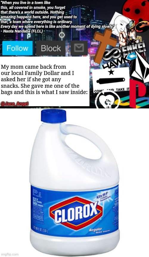 My mom came back from our local Family Dollar and I asked her if she got any snacks. She gave me one of the bags and this is what I saw inside: | image tagged in jace_angel announcement/update v2,clorox,my mom,roasted,me,oof | made w/ Imgflip meme maker