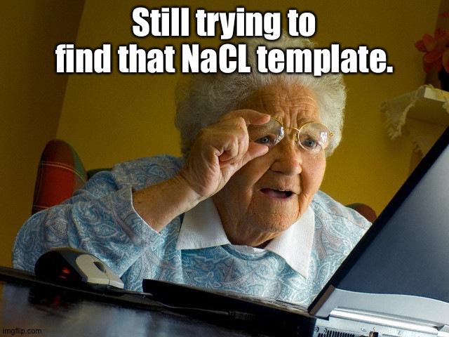 Grandma Finds The Internet | Still trying to find that NaCL template. | image tagged in memes,grandma finds the internet | made w/ Imgflip meme maker