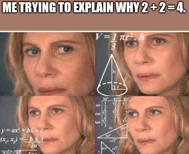 Math lady/Confused lady | ME TRYING TO EXPLAIN WHY 2 + 2 = 4. | image tagged in math lady/confused lady | made w/ Imgflip meme maker