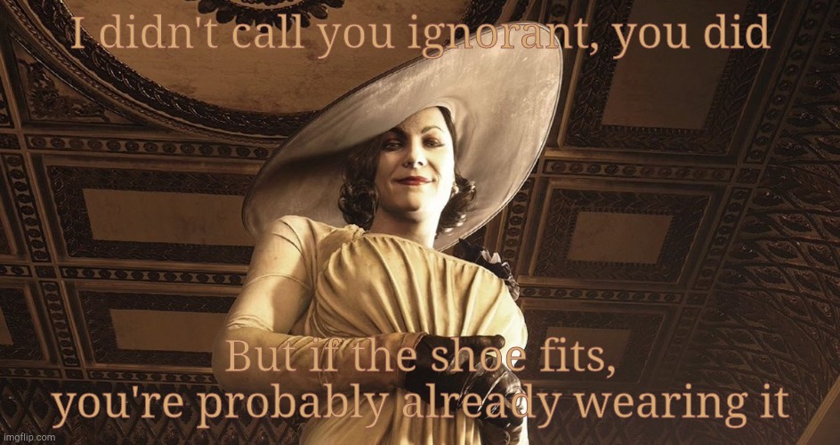 Lady Dimitrescu Resident Evil Village | I didn't call you ignorant, you did; But if the shoe fits,  you're probably already wearing it | image tagged in lady dimitrescu resident evil village | made w/ Imgflip meme maker