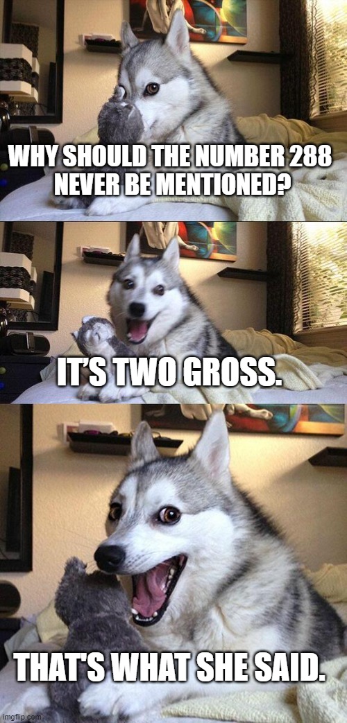 Too Gross | WHY SHOULD THE NUMBER 288 
NEVER BE MENTIONED? IT’S TWO GROSS. THAT'S WHAT SHE SAID. | image tagged in memes,bad pun dog,gross,that's what she said,funny memes | made w/ Imgflip meme maker
