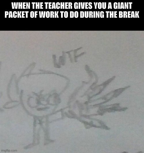 why did I make another meme with my dumb Murdoc sketch | WHEN THE TEACHER GIVES YOU A GIANT PACKET OF WORK TO DO DURING THE BREAK | image tagged in wtf murdoc sketch,school,teacher | made w/ Imgflip meme maker