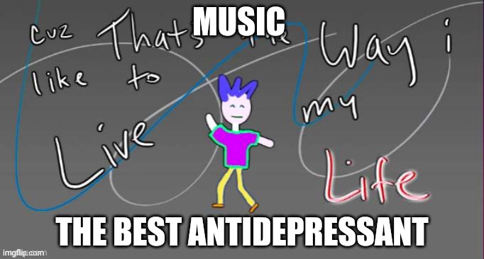 Cuz that's the way I like to live my life | MUSIC; THE BEST ANTIDEPRESSANT | image tagged in cuz that's the way i like to live my life | made w/ Imgflip meme maker