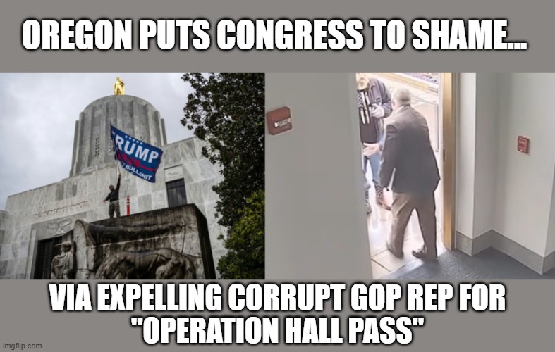 Oregon tutors GOP Congress members on ethics, which they foolishly ignore | OREGON PUTS CONGRESS TO SHAME... VIA EXPELLING CORRUPT GOP REP FOR
"OPERATION HALL PASS" | image tagged in oregon,state house of reps,mike nearman,operation hall pass,gop corruption | made w/ Imgflip meme maker