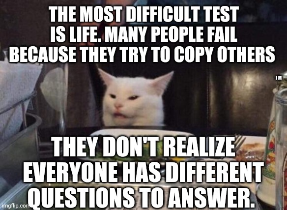 Salad cat | THE MOST DIFFICULT TEST IS LIFE. MANY PEOPLE FAIL BECAUSE THEY TRY TO COPY OTHERS; J M; THEY DON'T REALIZE EVERYONE HAS DIFFERENT QUESTIONS TO ANSWER. | image tagged in salad cat | made w/ Imgflip meme maker
