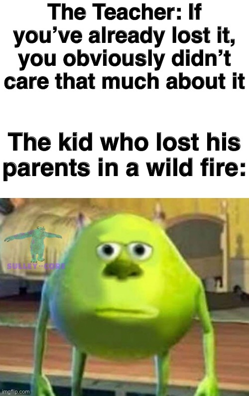 Ik I’ve made one a lot like this earlier | The Teacher: If you’ve already lost it, you obviously didn’t care that much about it; The kid who lost his parents in a wild fire: | image tagged in monsters inc,funny,memes,mike wazowski,dark humor | made w/ Imgflip meme maker