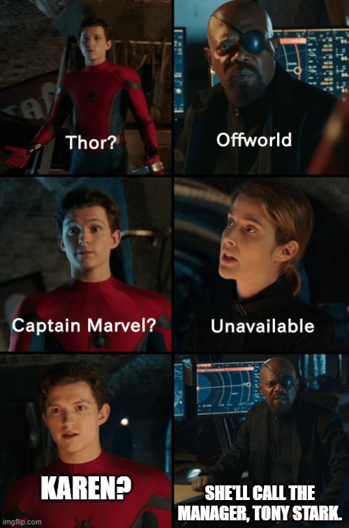 bruh imagine a Karen join the avengers | SHE'LL CALL THE MANAGER, TONY STARK. KAREN? | image tagged in thor off-world captain marvel unavailable,memes | made w/ Imgflip meme maker