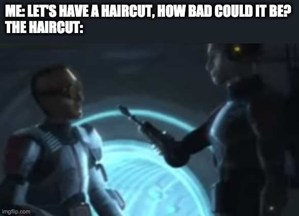 ME: LET'S HAVE A HAIRCUT, HOW BAD COULD IT BE?
THE HAIRCUT: | image tagged in haircut,the bad batch,memes | made w/ Imgflip meme maker