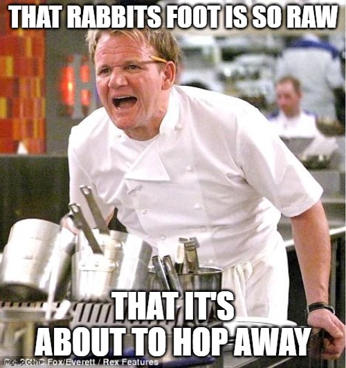 angry Gordon Ramsay | THAT RABBITS FOOT IS SO RAW; THAT IT'S ABOUT TO HOP AWAY | image tagged in memes,chef gordon ramsay | made w/ Imgflip meme maker