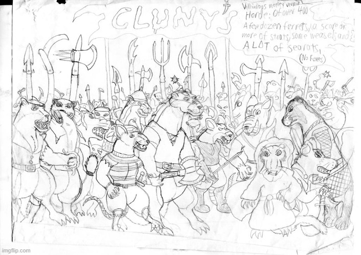 OLD Redwall Art (like 20 years ago, in middle/highschool) "Cluny's Villainous Horde" | image tagged in anthro,furry,fanart,redwall,vermin | made w/ Imgflip meme maker