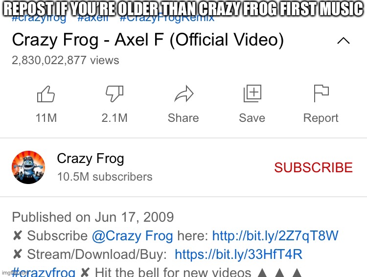 REPOST IF YOU’RE OLDER THAN CRAZY FROG FIRST MUSIC | made w/ Imgflip meme maker