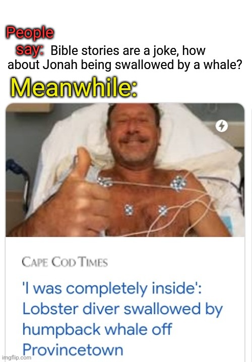 Jonah is Back | People say: | image tagged in whales,bible,true story,swallow | made w/ Imgflip meme maker