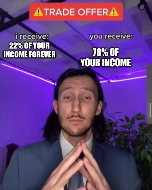 What a bargain | 78% OF YOUR INCOME; 22% OF YOUR INCOME FOREVER | image tagged in trade offer,taxation is theft | made w/ Imgflip meme maker