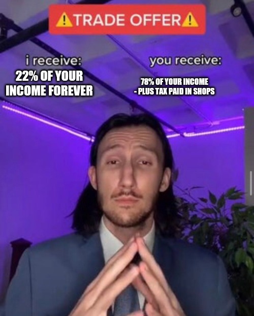 Tax is a scam | 78% OF YOUR INCOME - PLUS TAX PAID IN SHOPS; 22% OF YOUR INCOME FOREVER | image tagged in trade offer | made w/ Imgflip meme maker