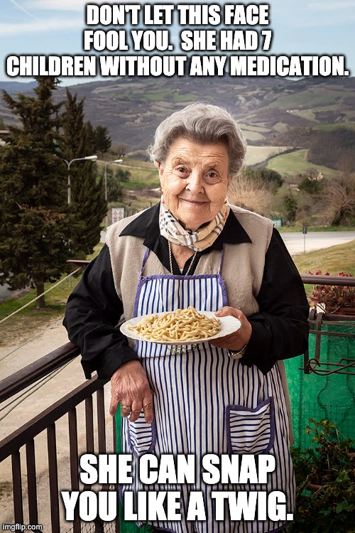 Italian Nonnas...  Don't tick them off! | DON'T LET THIS FACE FOOL YOU.  SHE HAD 7 CHILDREN WITHOUT ANY MEDICATION. SHE CAN SNAP YOU LIKE A TWIG. | image tagged in italy | made w/ Imgflip meme maker